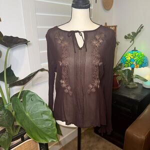 Vintage Y2K Caslon Brown Embroidered Beaded Boho Fairycore Blouse